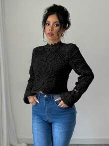 Selianne Women's Solid Color Lace Trim Long Sleeve Casual Top, For Everyday Wear Fall Cloth For Women - Black - View 4
