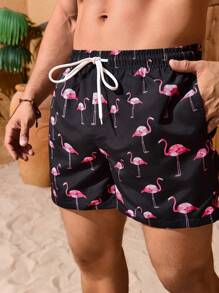 Palasendo 男士火烈鸟印花抽绳腰沙滩短裤，夏威夷风情 - 黑色 - 查看 3