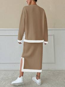 EURMUSE 2 件套撞色拼布圆领毛衣和裙子休闲装 - 卡其色 - 查看 2