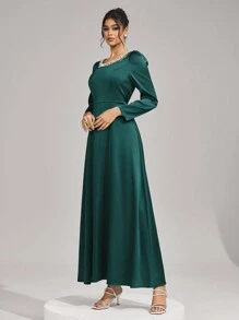 SHEIN Belle New Elegant Solid Color Beaded Decor Long Sleeve Waist Cinching Slim Fit Dress Luxury Evening Gown, Sequin And Pearl Cuff Design, Elegant Party Dress For Ladies, Long Sleeve Formal Dress, For Wedding Guest, Graduation, Dinner, Prom Dress