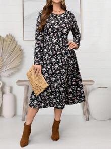 EMERY ROSE Plus Size Women's Long Sleeve Ditsy Floral Dress For Early Spring - Multicolor - View 5