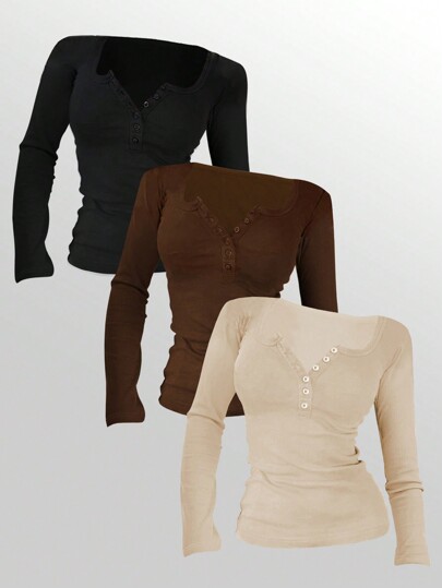 INAWLY Women's Solid Color Button Placket Long Sleeve Casual T-Shirt, Autumn Fall Cloth For Women