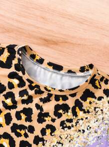 2pcs Teen Girls Casual Color Block Leopard Print Short Sleeve Top And Shorts Set - Multicolor - View 5