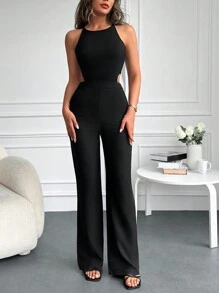 EURMUSE Solid Flare Leg Cami Jumpsuit - Black - View 5