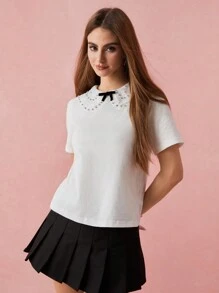 SHEIN Spring/Summer Romantic Women's White Rhinestone Embroidery Peter Pan Collar Little Bow Decor T-Shirt,Sweet&Elegant Outfit For Party And Sweet Date Night &Wedding Guest Dress Women &Holiday & Graduation Dress&Daily Commuting&Vacation&Garden Parties & Concert Outfit Women