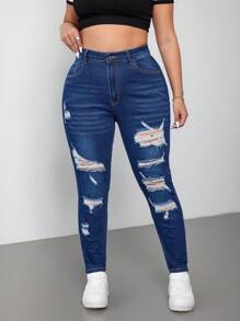 SHEIN ICON Plus Size Stretchy Medium Washed Blue Distressed Skinny Jeans - Dark Wash - View 5