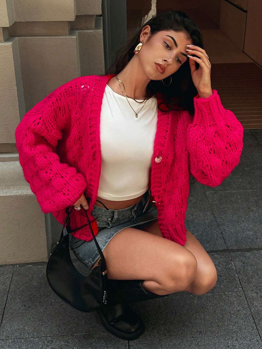 Forever 21 Winter Clothes For Women V-Neck Long Sleeve Cropped Casual Warm Cardigan, Versatile, Autumn/Winter Y2k Clothes Sweaters For Women Christmas Sweater Long Sleeve Tops New Years Women Christmas Sweater Women - Red - View 1