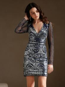 Anewsta Women's Stylish Long Sleeve Elegant Sexy Sequin Dress - Blue - View 5