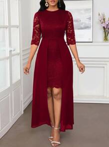 SHEIN Lady 秋冬圣诞派对礼服优雅蓝色蕾丝圆领不对称飘逸 - 酒紅色 - 查看 4