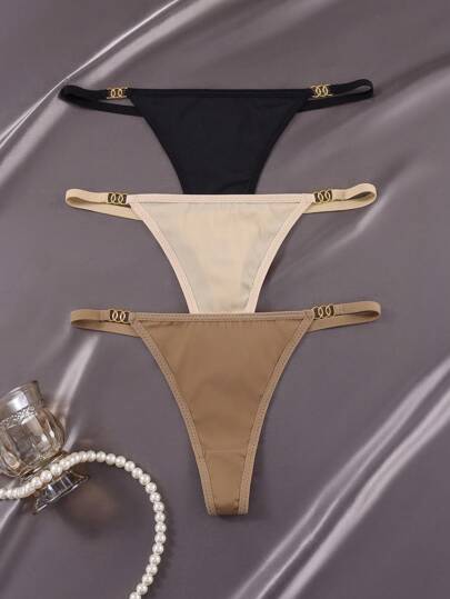 EmpressEnvy 3pcs Women Solid Color O-Ring Connected G-String Panty Set