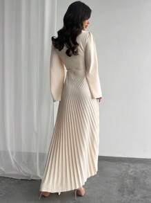 Firerie New Year Valentine's Day Women's Solid Color Round Neck Flare Sleeve Pleated Asymmetric Hem Elegant Dress