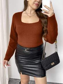 SHEIN Unity Plus Size Women Square Neck Long Sleeve Casual Sweater, Autumn/Winter Knit Pullover Fall - Orange - View 6