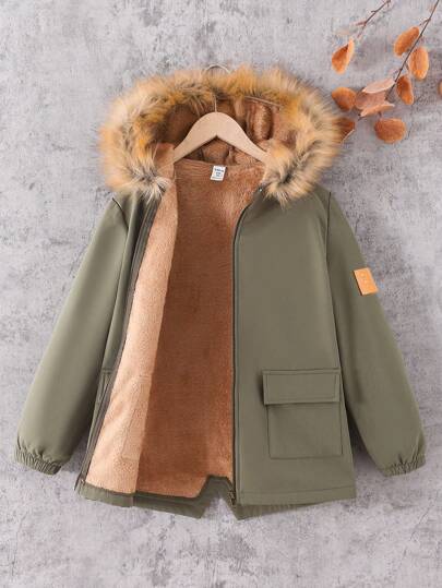 SHEIN Leap Crew Tween Girls Solid Green Casual Faux Leather Patched Plush Thermal Lined Thick Hooded Jacket, Suitable For Back To School, Warm For Autumn Winter, Daily Wear