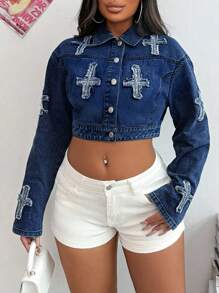 SHEIN SXY 女士纯色十字贴片前扣长袖牛仔夹克