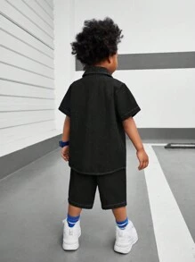 SHEIN 3pcs/Set Young Boy Summer Casual Outfit: Sleeveless Vest, Badge Printed Denim Shirt, Denim Shorts,Holiday,Summer,Travel - Black - View 2