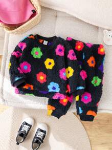 SHEIN Leap Crew Bộ đồ dài tay in hoa dễ thương cho bé gái, ấm áp cho mùa thu/đông - Xám - Xem 3