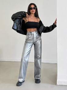 EURMUSE Fashion Metallic Feeling High-Waisted Straight Leg Jeans - Light Grey - View 4