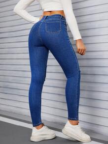 SHEIN Tall Women's Front Button Pocket Distressed Minimalist Slim Fit Casual Jeans - Medium Wash - View 2