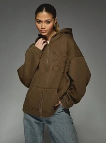MISSGUIDED 超大拉链连帽衫 重磅羊毛贴花徽标 休闲运动家居服 舒适冬季秋季外套 街头服饰 运动衫 - 棕色 - 查看 2