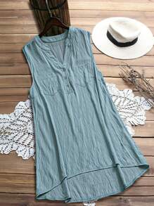 Rusticease Plus Size Women Vacation Plain V-Neck Sleeveless Pocket Bluzka z Kieszeniami, Wiosna/Lato - Ciemnozielony - Zobacz 1