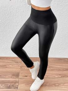 SHEIN Essnce Quần legging bó bụng không đường may cạp cao cho nữ, quần legging tập yoga bó, quần PU, quần thể thao, quần đạp xe, màu đen - màu đen - Xem 6