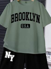 SHEIN 2 件套青少年男孩休闲圆领短袖衬衫和短裤套装，适合夏季