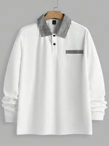 Manfinity Homme Men Plaid Patchwork Long Sleeve Polo Shirt And Trousers Set - White - View 8