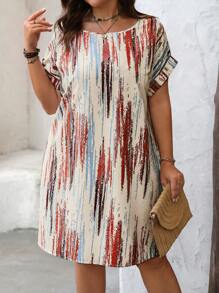 SHEIN LUNE Abstract Colorful Brush Stroke Round Neck Bodycon Midi Dress, Slim Flattering Plus Size Summer Casual Dress Tassel Dress Women Sequel Dress - Apricot - View 1