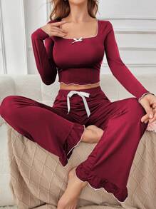 SHEIN 两件套撞色滚边长袖上衣和裤子睡衣套装，秋冬服装 - 酒紅色 - 查看 6