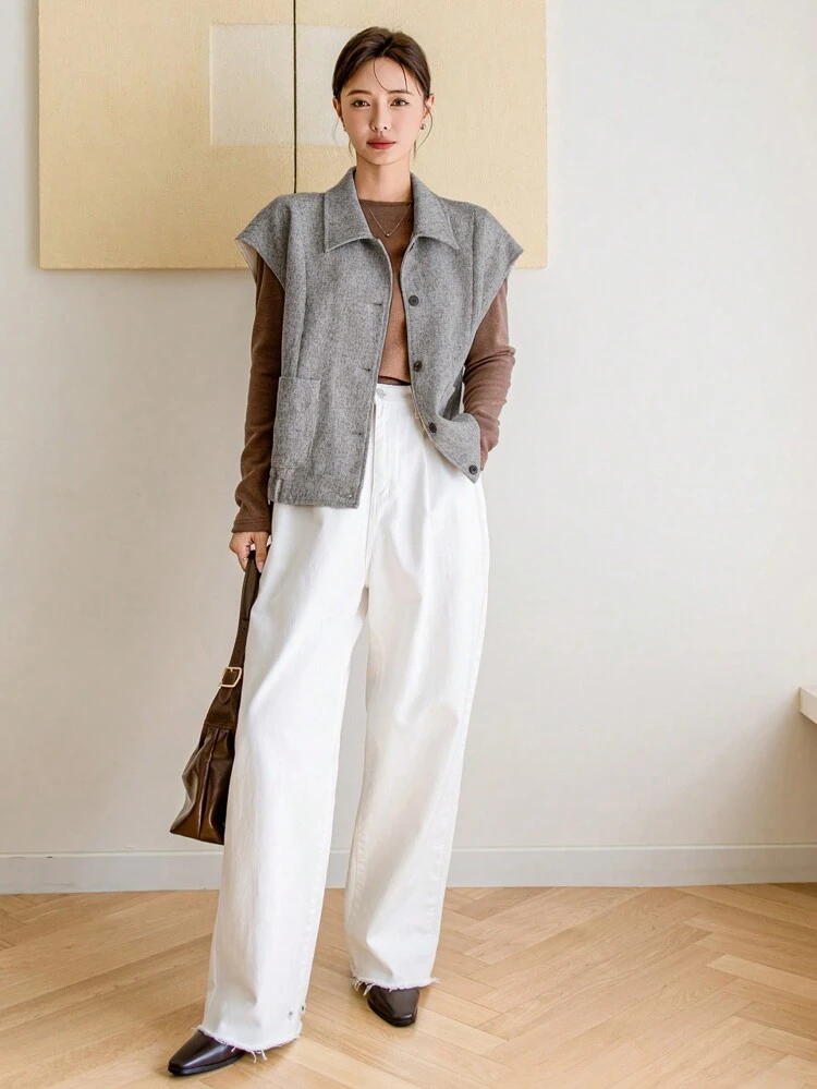 Loose Solid Color Vest-Style Women's Regular Jacket,Fall Clothes