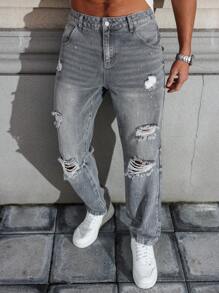 Manfinity LEGND Men's Front Button Pocket Ripped Casual Jeans, Everyday Wear - Dark Grey - View 7