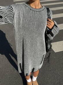 SHEIN Unity 女士条纹圆领长袖简约短款针织毛衣连衣裙 - 黑色 - 查看 5