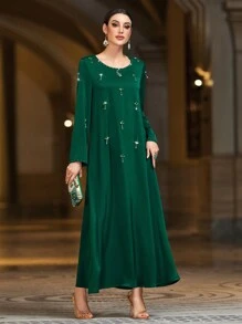 Layrah 女式手工缎面阿拉伯连衣裙，镶嵌水晶钻，橄榄绿色，带金色闪光，朴素的卡夫坦 - 墨綠色 - 查看 6