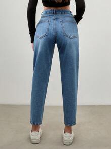 EURMUSE HIGH WAIST MOM JEAN PANT SIMPLE FASHIONABLE DAILY CASUAL - Medium Wash - View 2