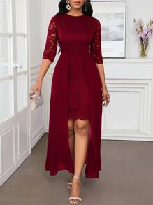 SHEIN Lady 秋冬圣诞派对礼服优雅蓝色蕾丝圆领不对称飘逸 - 酒紅色 - 查看 8