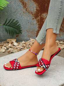Assorted Color Braided Pattern Asymmetrical Flat Square Toe Comfortable Versatile Fashion Slide Sandals, Suitable For Teenagers - Red - View 2