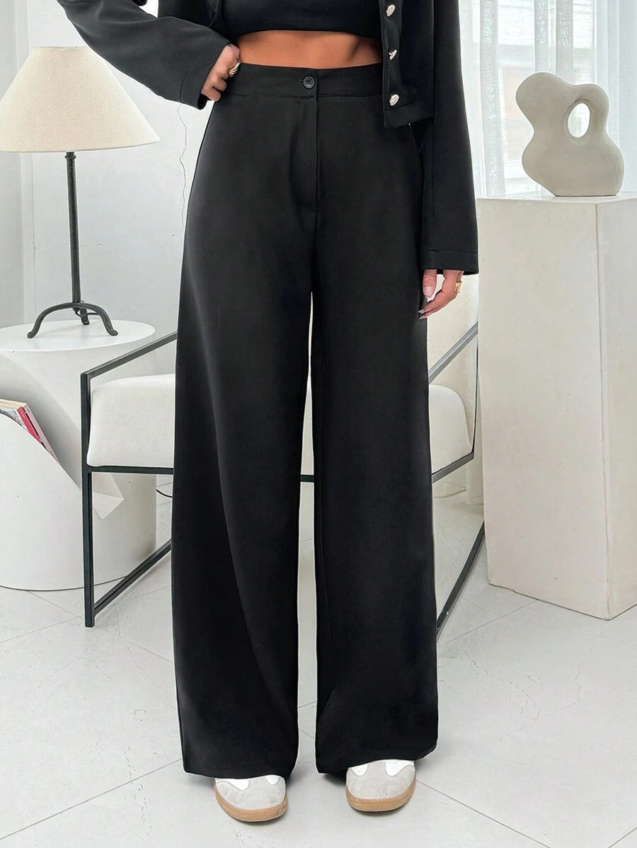 EURMUSE Women's Solid Wide Leg Palazzo Pants - Black - View 1