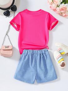 Bộ áo thun tay ngắn và quần short in hình mèo và bé gái - Nhiều màu - Xem 2