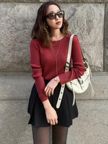 FRIFUL Women Solid Color Crew Neck Slim Fit Long Sleeve Sweater, Autumn/Winter