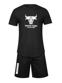 GymBeat Men's Graphic Print Round Neck Short Sleeve T-Shirt And Shorts 2 Pieces Casual Sports Outfit Gym Set Workout Set - Black - View 3