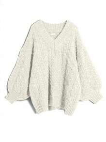 Flirla 大码女式纯色 V 领落肩长袖休闲套头毛衣，秋冬款 - 杏色 - 查看 1