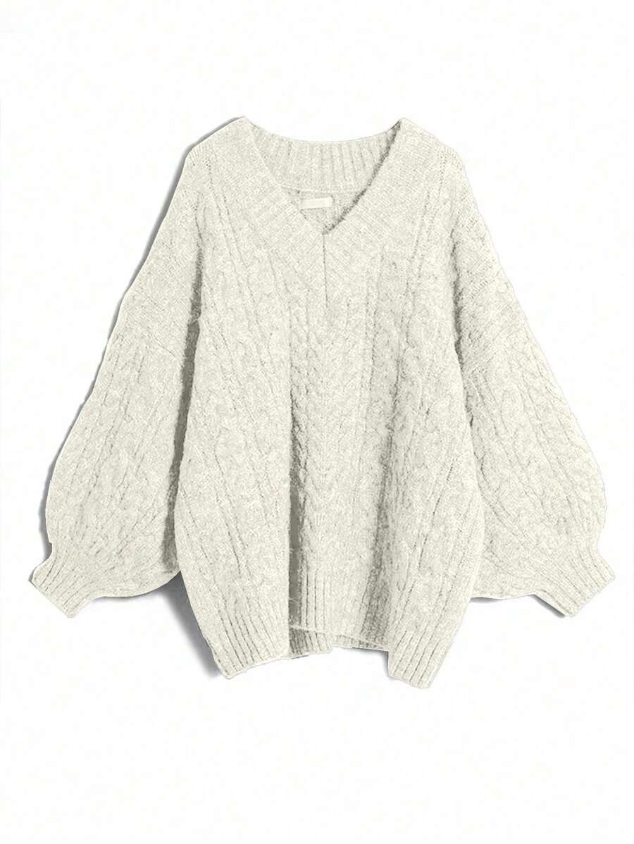 Flirla 大码女式纯色 V 领落肩长袖休闲套头毛衣，秋冬款 - 杏色 - 查看 1