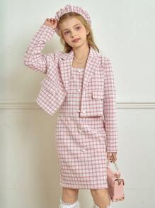 2 件套青少年女孩优雅人字形格子西装外套和合身吊带裙 - 粉色 - 查看 6