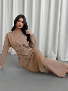 Firerie 优雅复古风格休闲装：棕色 V 领收腰上衣，下摆不对称，修腰长裙，精致春夏工作/情人节装扮 - 棕色 - 查看 6