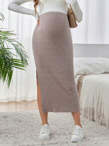 SHEIN Maternity Solid Color Adjustable Waist Ribbed Knit Skirt, Casual