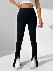 Flirla 女性純色開叉裝飾顯瘦褲 - 黑色 - 查看 6