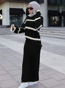 Mulvari 2pcs Women Stripe Pattern Long Sleeve Sweater And Flared Pants Set, Casual Outfit For Autumn/Winter 2 Pieces Set - Black and White - View 5