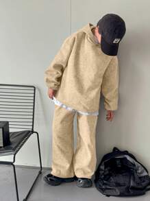 2pcs Tween Boys Casual Korean Style Flocking Fabric Hoodie Sweatshirt And Straight Leg Loose Sweatpants Set, Suitable For Commuting, School, Leisure, Travel, Sports, Spring/Summer/Autumn/Winter