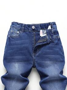 SHEIN Tween Boys' Blue Elastic Comfortable Washed Rolled Edge Jeans - Medium Wash - View 5
