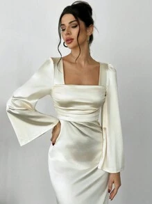 Firerie Váy Maxi Chữ A Ôm Cổ Vuông Màu Be Mới Cho Lễ Hội, Tay Loe, Thắt Lưng, Dáng Vuông, Sang Trọng, Xuân/Hè, Trang Phục Ngày Lễ Tình Nhân - Màu Khaki - Xem 1